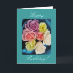 Cartão Birthday -teal blue<br><div class="desc">Photo of roses in pastel colors with teal blue silk background. Message: " Happy Birthday!" "Wishing you a year full of love,  happiness and wonderful memories !." Personalize your message! Photography by Maria Santos (Lusinhas do Sul)</div>