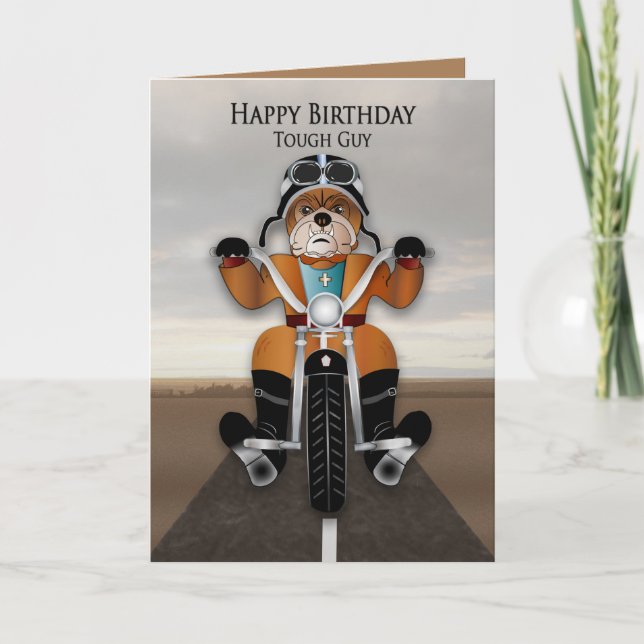 Cartão Birthday Tough Cara Buldogue Dirigindo Moto (Frente)