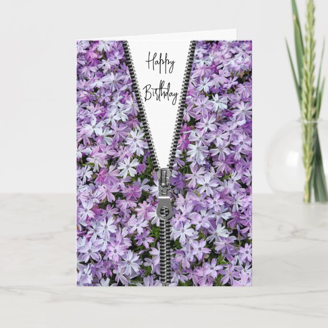 Cartão Birthday Unzipper no Phlox Roxo (Frente)