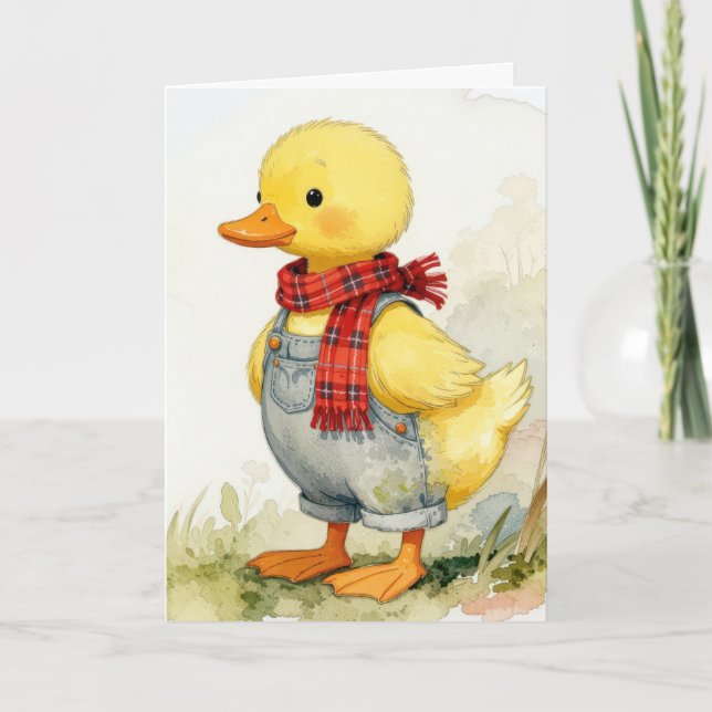 Cartão Birthday Watercolor Duck In Overalls (Frente)