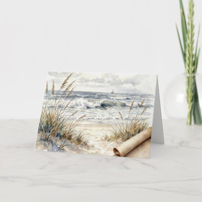 Cartão Birthday Watercolor Ocean Beach with Curled Paper (Frente)