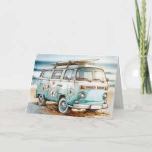 Cartão Birthday Watercolor Retro Campervan Com Surfboard
