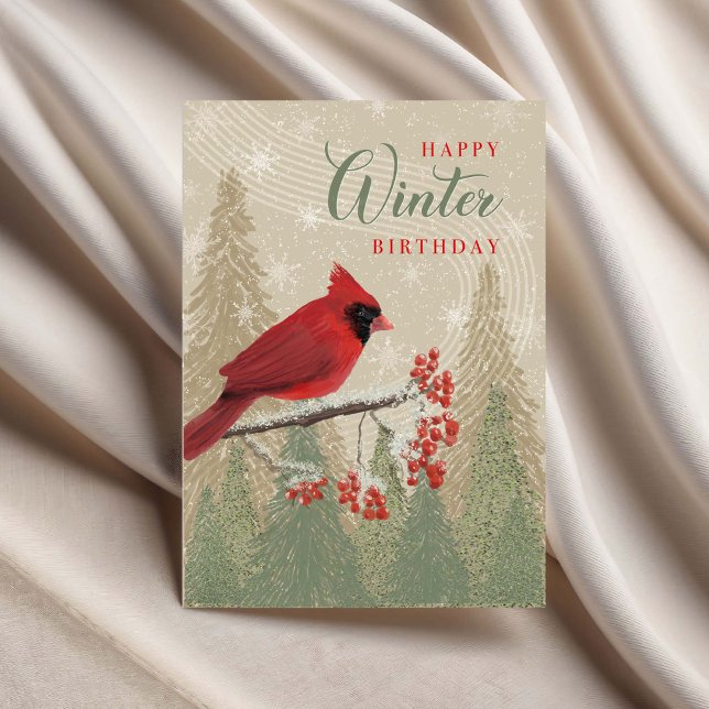 Cartão Birthday Winter Trees Berries and Cardinal  (Criador carregado)