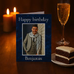 Cartão Birthday Wishes for Him Photo<br><div class="desc">Amazing birthday wishes for him, this photo card features a magnificent blue background with "Happy Birthday" written at the top using light blue font. There is a photo of your special man front and center. The bottom displays his name. The inside of the card has a warm message. Order yours...</div>