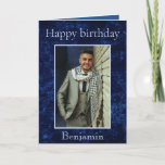Cartão Birthday Wishes for Him Photo<br><div class="desc">Amazing birthday wishes for him, this photo card features a magnificent blue background with "Happy Birthday" written at the top using light blue font. There is a photo of your special man front and center. The bottom displays his name. The inside of the card has a warm message. Order yours...</div>