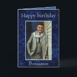 Cartão Birthday Wishes for Him Photo<br><div class="desc">Amazing birthday wishes for him, this photo card features a magnificent blue background with "Happy Birthday" written at the top using light blue font. There is a photo of your special man front and center. The bottom displays his name. The inside of the card has a warm message. Order yours...</div>