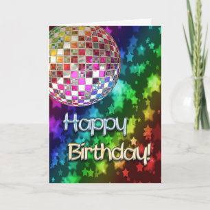 Cartão Birthday with disco ball and rainbow of stars
