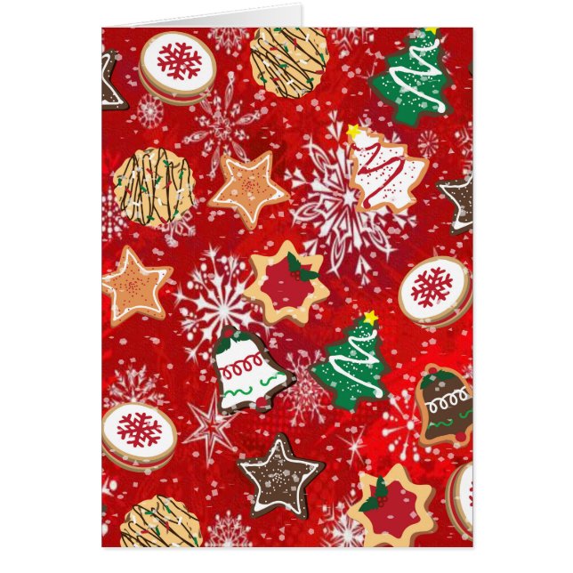 Cartão Biscoitos de Natal e Flocos de Neve em Vermelho (Frente)