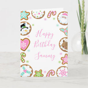 Cartão Biscoitos de Natal Rosa e Verde Feliz Aniversário