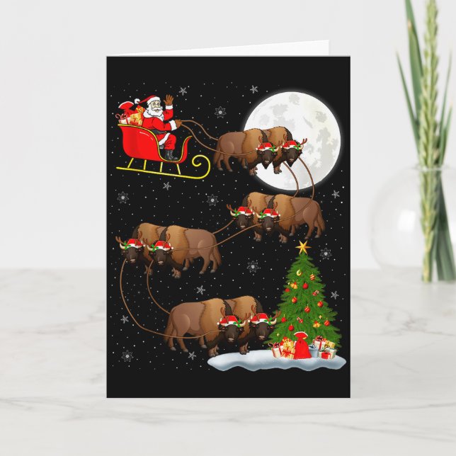 Cartão Bison Santa Sleigh Flying Funny Magical Christmas  (Frente)