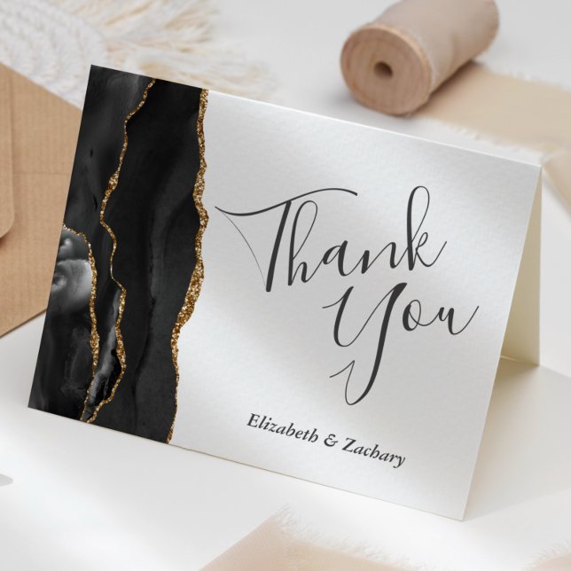 Cartão Black Agate Gold Wedding Thank You Card (Criador carregado)
