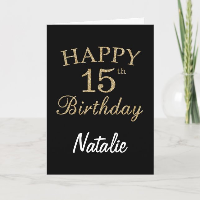 Cartão Black and Gold Glitter 15th Birthday Card (Frente)