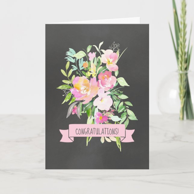 Cartão Black and Pink Floral Wedding Congratulations Card (Frente)