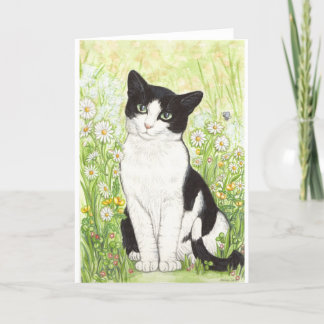 Cartão Black and White cat with daisies