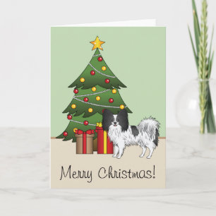 Cartão Black And White Papillon Dog By The Christmas Tree