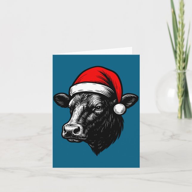 Cartão Black Angus Rancher Christmas Cow Santa Hat Farmer (Frente)