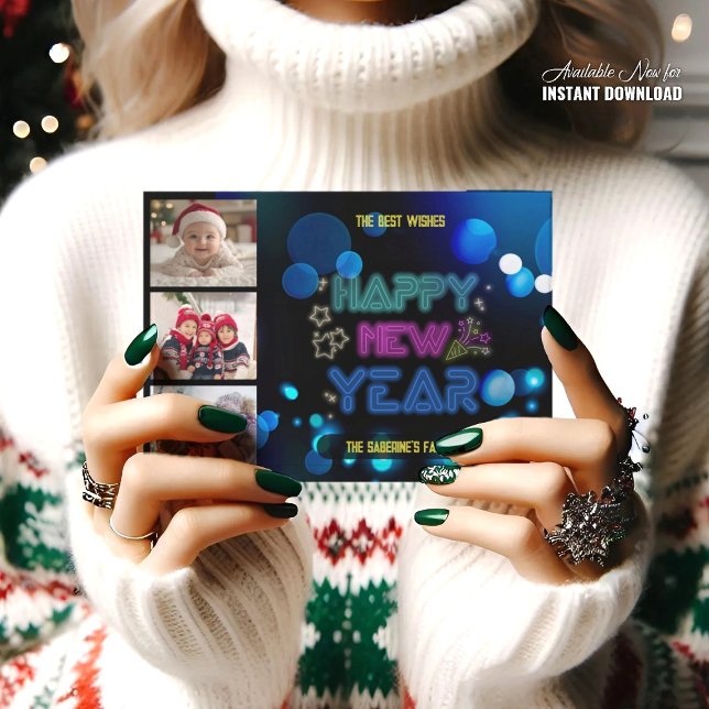 Cartão Black & Blue Midnight Sparkle Neon Glow New Year  (Criador carregado)