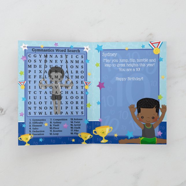 Cartão Black Boys Gymnastics Word Search Feliz Aniversári (Interior)