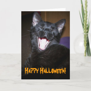 Cartão Black Cat Big Yawn Feliz Saudação de Halloween