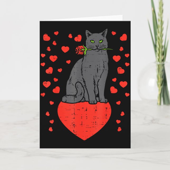 Cartão Black Cat Biting Rose Hearts Valentines Day Animal (Frente)