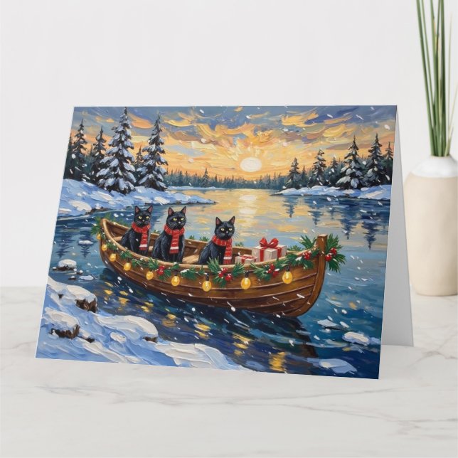 Cartão Black Cat Christmas Boat Holiday (Frente)