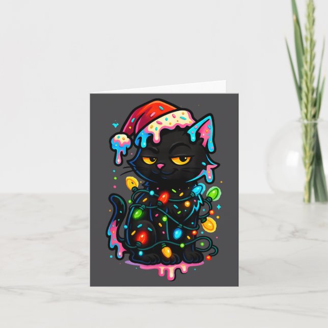 Cartão Black Cat Christmas Ice Cream Drip Santa Hat Cute  (Frente)
