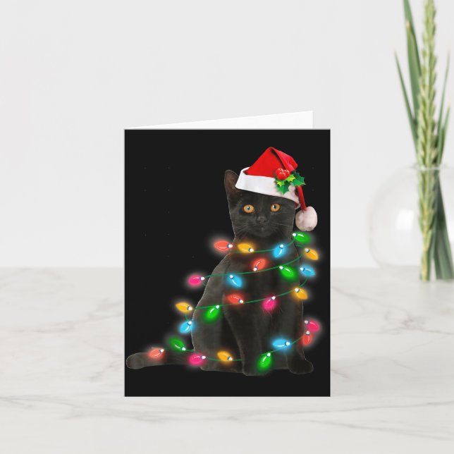 Cartão Black Cat Christmas Light Cat Lover Christmas  (Frente)