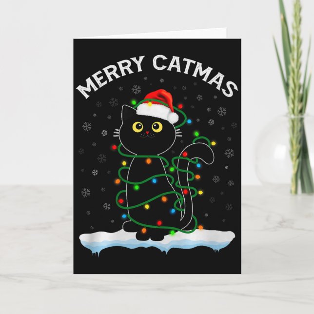 Cartão Black Cat Christmas Light Cat Wearing Santa Hat Me (Frente)