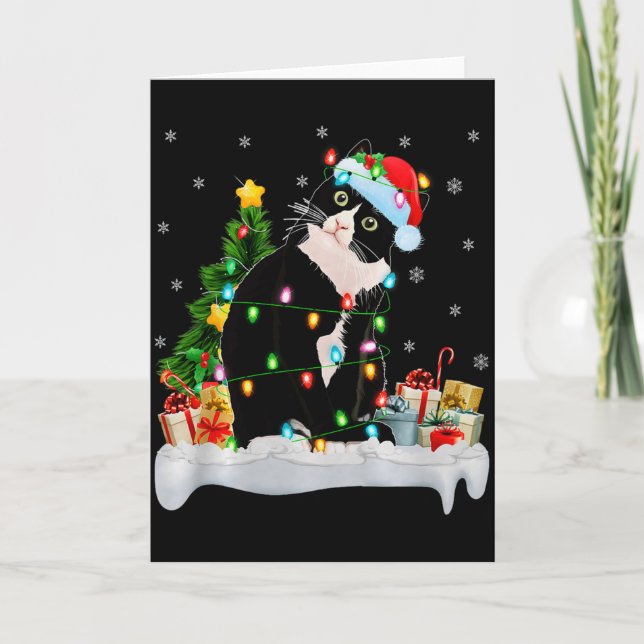 Cartão Black Cat Christmas Lights Santa Hat Black Cat Lov (Frente)