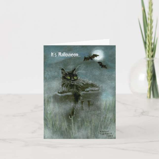 Cartão Black Cat Graveyard Bats Moon, It's Halloween... (Frente)