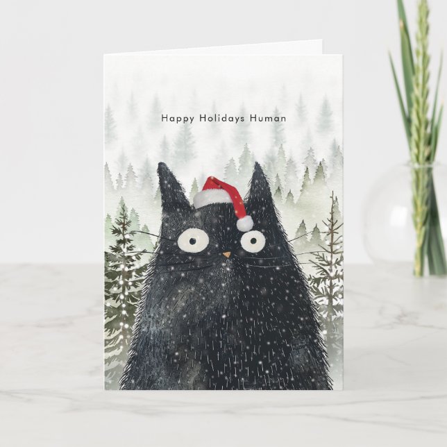 Cartão black cat in santa hat fun Holiday Christmas card (Frente)