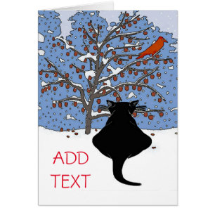 Cartão Black Cat in Snow with Red Bird, adicione texto, c