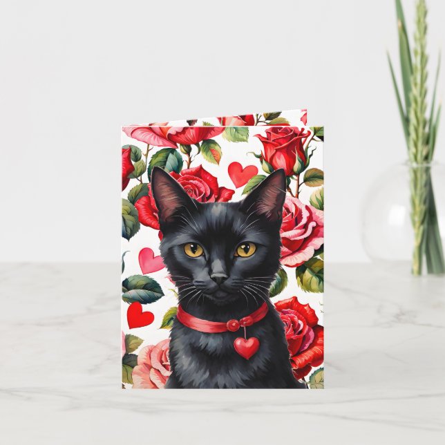 Cartão Black Cat Maximalist Roses & Hearts Pun Valentine (Frente)