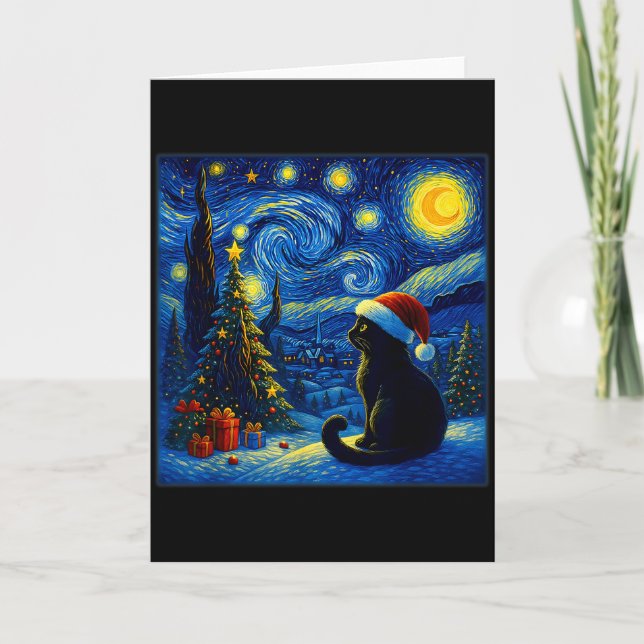 Cartão Black Cat Santa Hat Van Gogh Starry Night Christma (Frente)