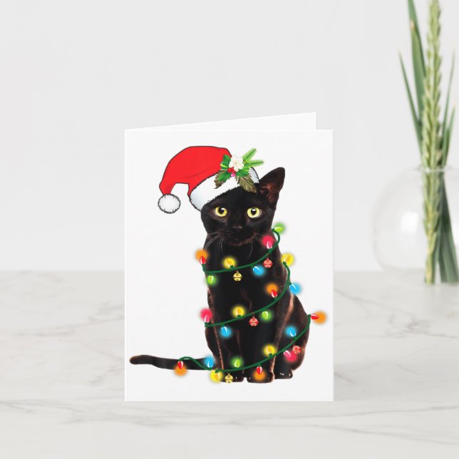 Cartão Black Cat Santa Tangled Up In Christmas Lights  (Frente)