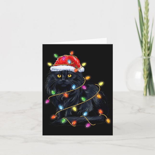 Cartão Black Cat Shirt Christmas Lights Funny Santa Cat F (Frente)