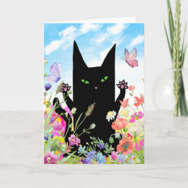 Cartão Black Cat Spring Greeting Card: Kitty and Flowers