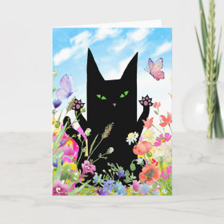 Cartão Black Cat Spring Greeting Card: Kitty and Flowers