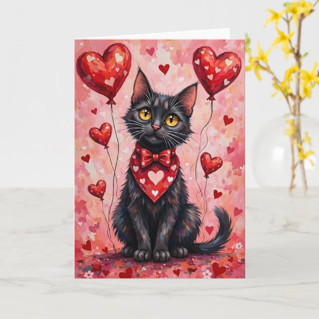 Cartão Black Cat Valentine Sitting with Hearts Red (Flor Amarela)