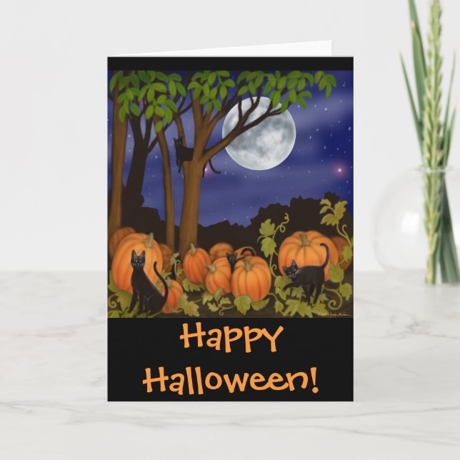 Cartão Black Cats & Pumpkins Halloween Card (Frente)