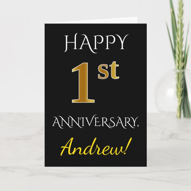Cartão Black, Faux Gold 1st Wedding Anniversary + Name (Frente)