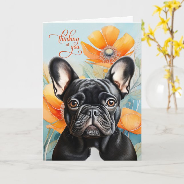 Cartão Black French Bulldog Orange Poppy Thinking of You (Flor Amarela)