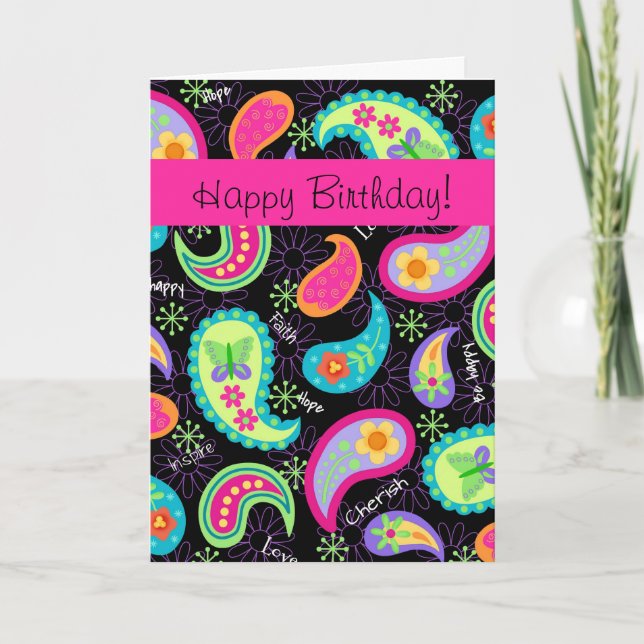 Cartão Black Fuchsia Pink Modern Paisley Happy Birthday (Frente)