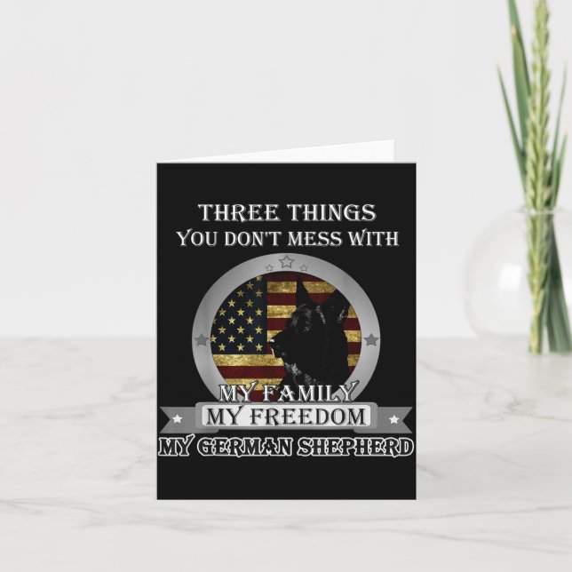 Cartão Black German Shepherd American Flag Three Things Y (Frente)