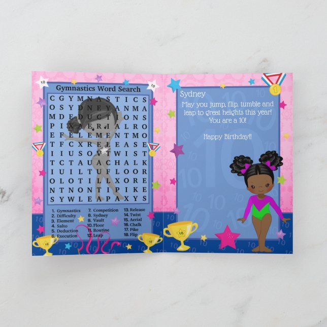 Cartão Black Girls Gymnastics Word Search Happy Birday (Interior)