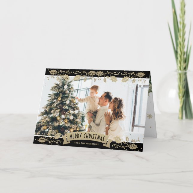 Cartão Black Gold Botanical Photo Christmas Card (Frente)