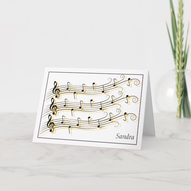 Cartão Black & Gold Scrolled Music Staffs Note Card (Frente)