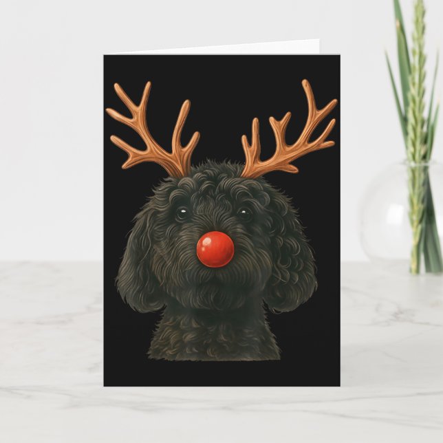 Cartão Black Goldendoodle Christmas Lights Santa Hat Blac (Frente)