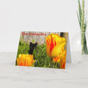 Cartão Black Kitten in Tulips (Gatinho Preto na Tulipa)