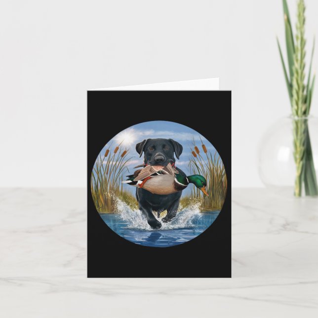 Cartão Black Lab Labrador Caçando Patos Galinha Amarelo (Frente)